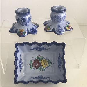 Vtg Hand Painted VESTAL ALCOBACA Candlestick Holders & Rectangle Bowl - Portugal